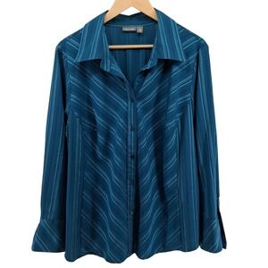 Apt. 9 Woman Teal Blue Striped Button Down Long Sleeve Blouse Top 1X